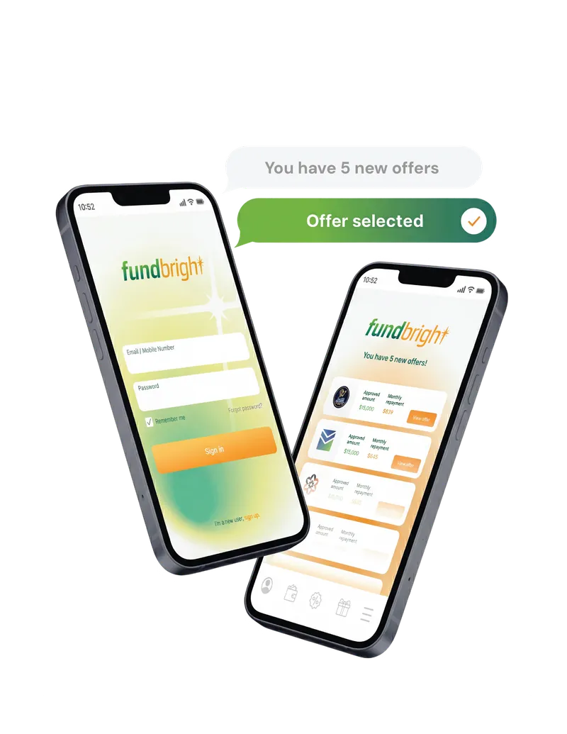 FundBright mobile app showing personalised loan offers