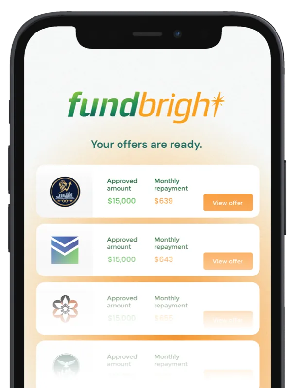 FundBright app showing a borrower's personalised loan offers